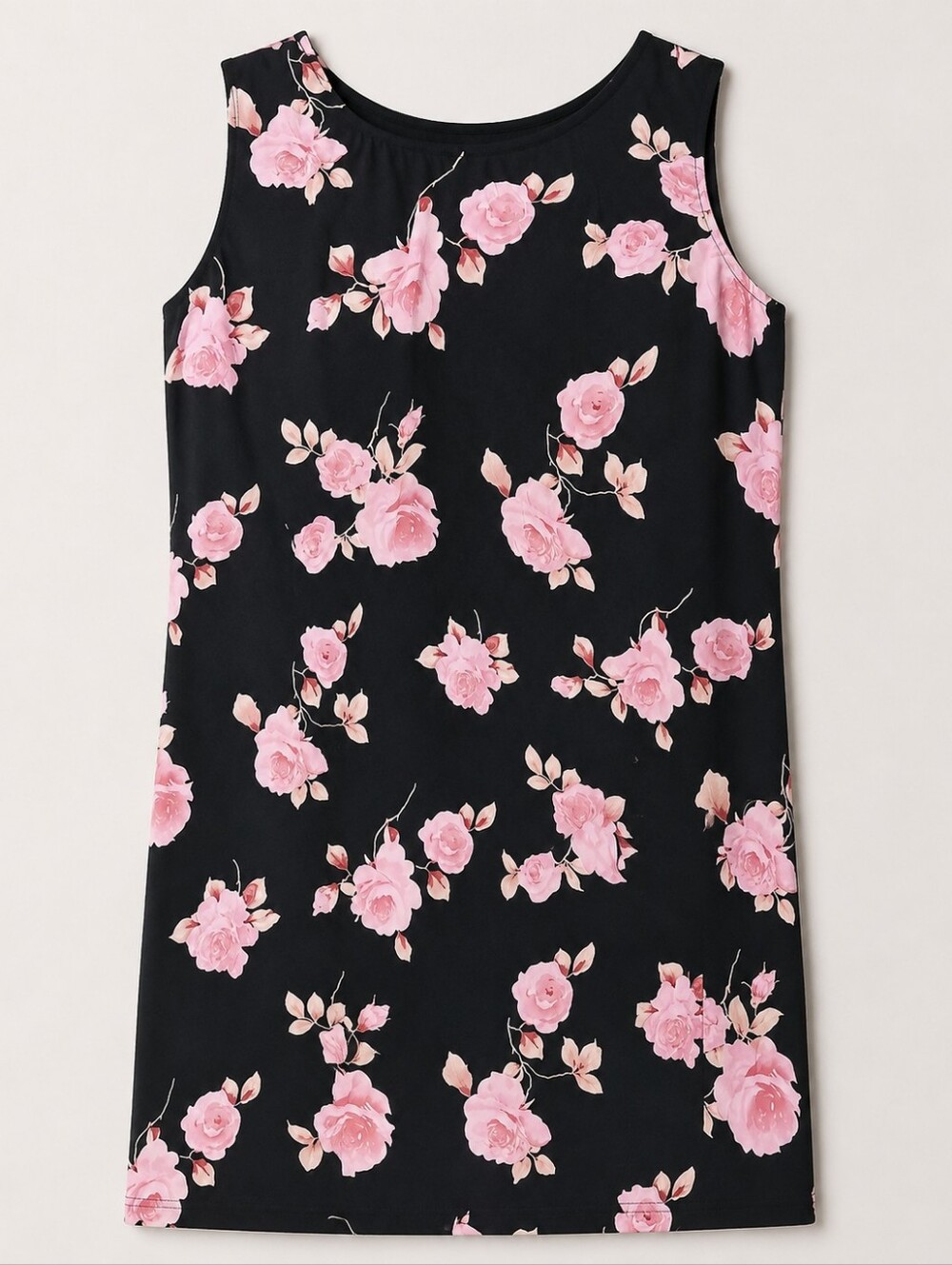 Black Floral Sleeveless Dress with Pink Roses With Attached Dark Slip Underneath